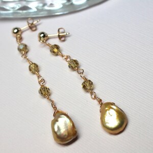Gold Keishi Pearl Earrings, Crystal Dangle Earrings, Cornflake Freshwater Pearls, June Birthstone, Long Dangle Earrings, 14k Gold Filled