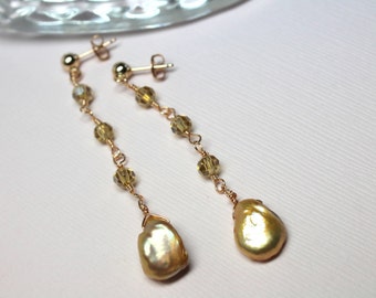 Gold Keishi Pearl Earrings, Crystal Dangle Earrings, Cornflake Freshwater Pearls, June Birthstone, Long Dangle Earrings, 14k Gold Filled