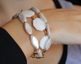 Pearl Triple Bracelet, Pearl Coins, MOP Bracelet, Wire Wrapped Freshwater Pearls Bracelet