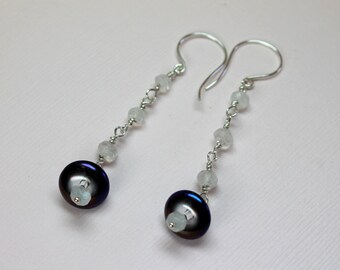 Blue Quartz Earrings, Cobalt Blue Gemstones and Moonstone Earrings, Sterling Silver, Long Quartz Dangles