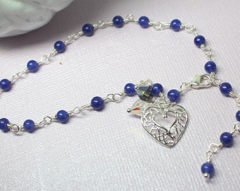Blue Gemstone Ankle Bracelet Silver Heart, Adjustable Royal Blue Ankle Bracelet, Aventurine Gemstones and Crystals Wire Wrapped