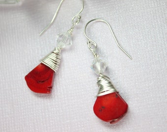 Red Coral Earrings, Red Drop Earrings, Red Coral Dangles, Simple Red Earrings, Silver Coral Earrings