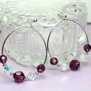 Purple Swarovski Crystal Hoops, Lavender Crystal Silver Earrings, Wire Wrapped Swarovski Crystals, Medium Hoop Earrings