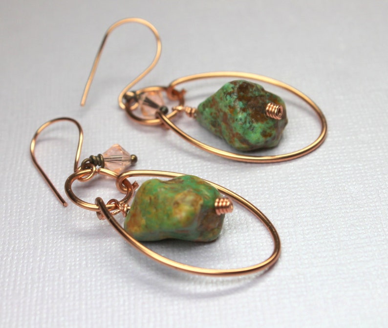 Turquoise Earrings, Green Turquoise Hoop Earrings, Wire Wrapped Gemstones, Large Turquoise, Handmade Copper Jewelry, Boho Chic image 2