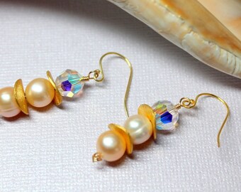 Pearl Earrings, Simple Classic Pearls, Pearl Drops, 14k Gold Filled Wedding Earrings, Genuine Freshwater Pearls, Crystal Pearl Dangles