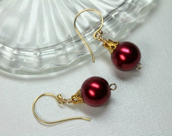 Red Pearl Christmas Earrings, Gold Filigree Ornament, Holiday Jewelry