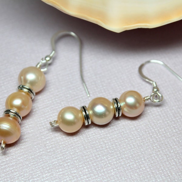 Long Pearl Earrings, Freshwater Pearl Dangles, Genuine Pearl Earrings, Bridal Wedding Earrings, Silver Pearls Drop Earrings, June Birthstone
