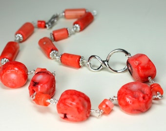 Salmon Coral Necklace, Wire Wrapped, Pewter Infinity Charm