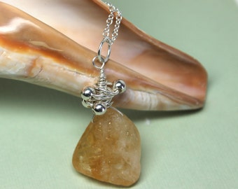 Raw Citrine Sterling Silver Necklace, Wire Wrapped Gemstone Pendant