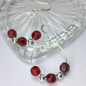 Red Jade Hoop Earrings, Silver Jade Hoops, Jade Gemstone Earrings, Wire Wrapped Red Jade, Boho Style Red Earrings, Medium Hoops