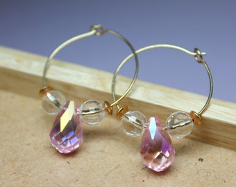 Pink Crystal Earrings, Gold Crystal Hoops, Clear Quartz Beaded Hoops, Small Hoop Gold Earrings, Pink Teardrops