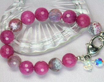 Large Agate Bracelet, Pink Jade Bracelet, Large Gemstones, Swarovski Crystals, Beaded Bracelet, Pink and Silver Bracelet, Boho Style