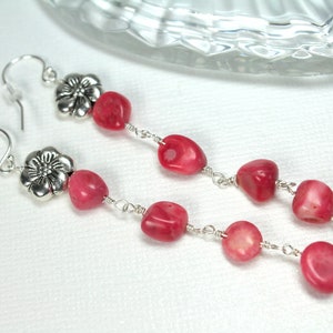 Coral Dangle Earrings, Pink Coral Long Drops, Sterling Silver, Swarovski Crystals