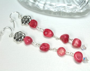 Pink Coral Earrings, Coral Dangle Earrings, Pink Coral Beaded Drops, Dainty Wire Wrapped Coral, Long Coral Earrings, Coral Jewelry