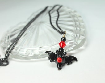 Halloween Bat Necklace, Black Bat, Murano Glass Pendant, Lampwork Beads, Black and Red Necklace, Halloween Jewelry