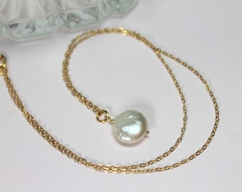 White Coin Pearl Choker, Freshwater Pearl 14k Gold Filled, Single Pearl Choker, Pearl Pendant, Simple Dainty Delicate Necklace