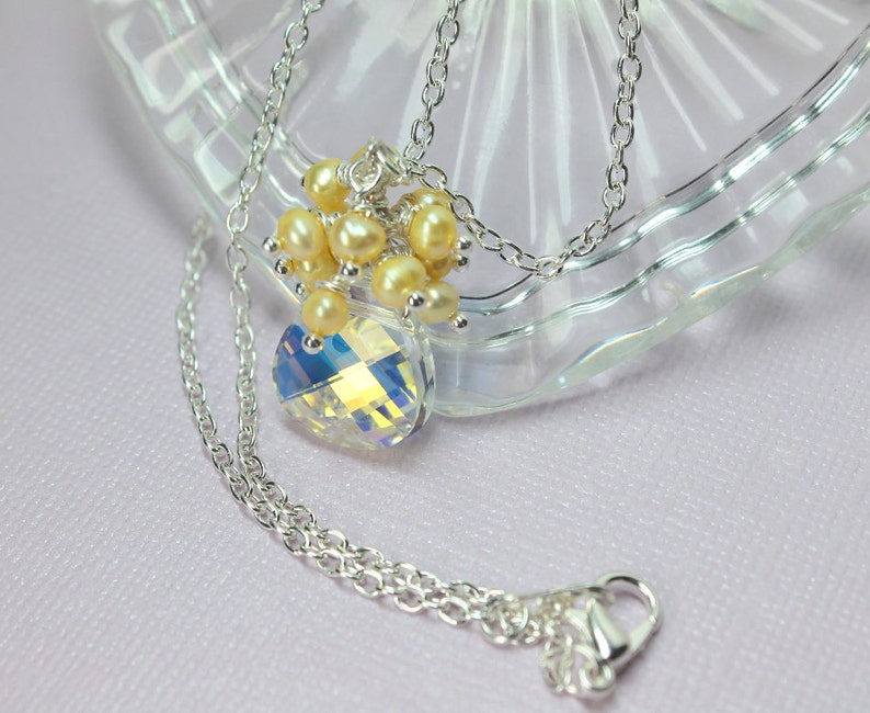 Swarovski Crystal Pendant Necklace, Freshwater Pearl Cluster, Clear Crystal Pendant Necklace, Wedding Necklace, Yellow Pearls image 3