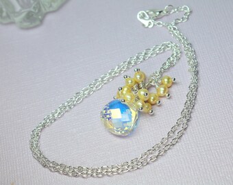 Swarovski Crystal Pendant Necklace, Freshwater Pearl Cluster, Clear Crystal Pendant Necklace, Wedding Necklace, Yellow Pearls