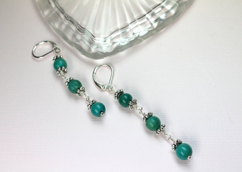 Long Turquoise Earrings, Beaded Earrings, December Birthstone, Turquoise Dangles, Wire Wrapped Turquoise Stones image 2