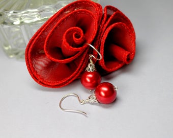 Christmas Earrings, Red Pearl Drops, Sterling Silver Holiday Jewelry