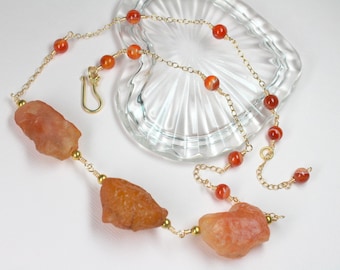 Carnelian Gemstone Necklace in Gold, Raw Carnelian, Natural Carnelian Nuggets, Beaded Statement Necklace, Station Necklace