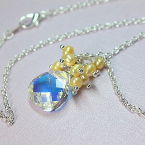 Swarovski Crystal Pendant Necklace, Freshwater Pearl Cluster, Clear Crystal Pendant Necklace, Wedding Necklace, Yellow Pearls image 4
