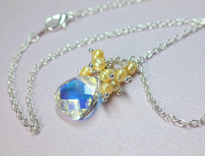 Swarovski Crystal Pendant Necklace, Freshwater Pearl Cluster, Clear Crystal Pendant Necklace, Wedding Necklace, Yellow Pearls image 4