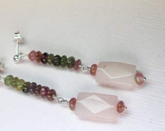 Tourmaline Earrings, Statement Earrings, Gemstone Earrings, Rose Quartz Dangle Earrings, Dangle and Drop Earrings, October Birthstone