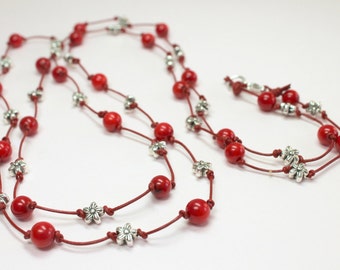 Red Coral Gemstone Necklace, Natural Stone Long Necklace, Handknotted Red Leather Necklace, Double Necklace