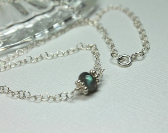 Labradorite Sterling Silver Choker, Semiprecious Gemstone Jewelry, Dainty Choker, Minimalist, Blue Flash Stone, Simple Necklace