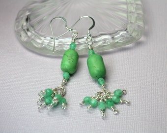 Green Howlite Dangle Earrings, Chandelier Earrings, Long Drop Earrings, Howlite Gemstones and Crystals, Boho Chic Beaded Earrings