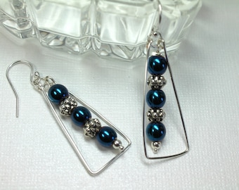 Hematite Dangle Earrings, Iridescent Blue, Pewter Beads, Handmade Wire Wrapped Earrings, Silver Beaded Triangle, Gift For Her