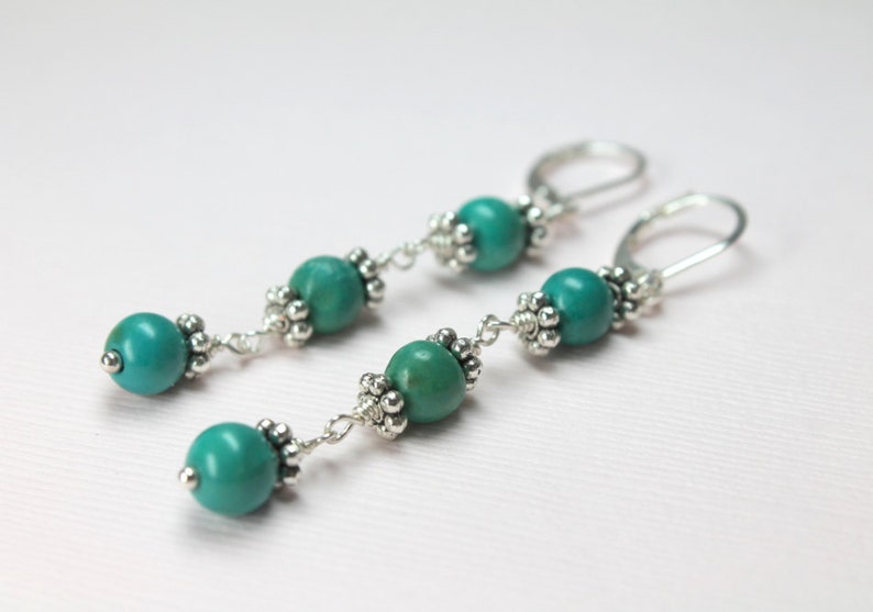 Long Turquoise Earrings, Beaded Earrings, December Birthstone, Turquoise Dangles, Wire Wrapped Turquoise Stones image 3