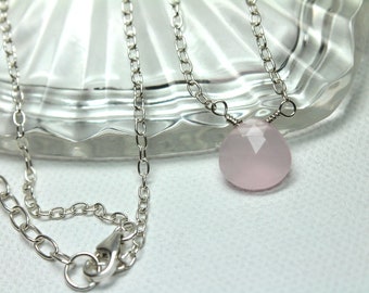 Pink Chalcedony Gemstone, Heart Choker, Sterling Silver, Layering Necklace