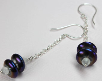 Dark Blue Quartz Crystal Earrings, Long Chain, Blue Quartz Dangles, Cobalt Blue Drop Earrings