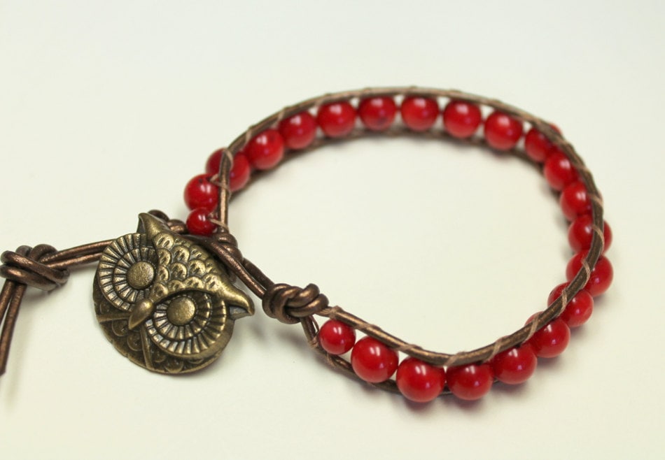 Red Coral Bamboo Leather Wrap Bracelet with Owl Button