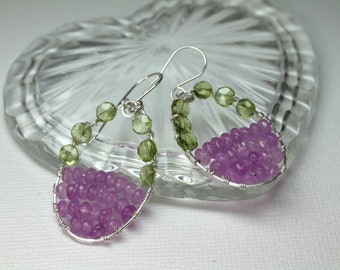 Peridot Oval Hoop Earrings, Lavender Quartz Handmade Earrings, Silver Gemstone Earrings, Beaded Gemstone Hoop Earrings