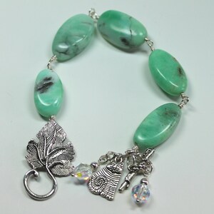 Green Chrysoprase Bracelet, Green Charm Braclet,  Mint Green Gemstones, Natural Chrysoprase, Swarovski Crystal and Pewter Charms