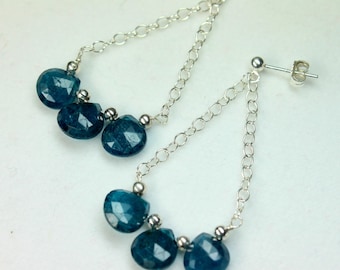 Sterling Silver Blue Apatite Dangle Earrings: Hand Cut Gemstones