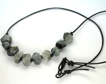 Tiger Eye Necklace, Natural Gray Gemstones, Handknotted Necklace, Mens Necklace, Minimalist, Black Leather Beaded Necklace