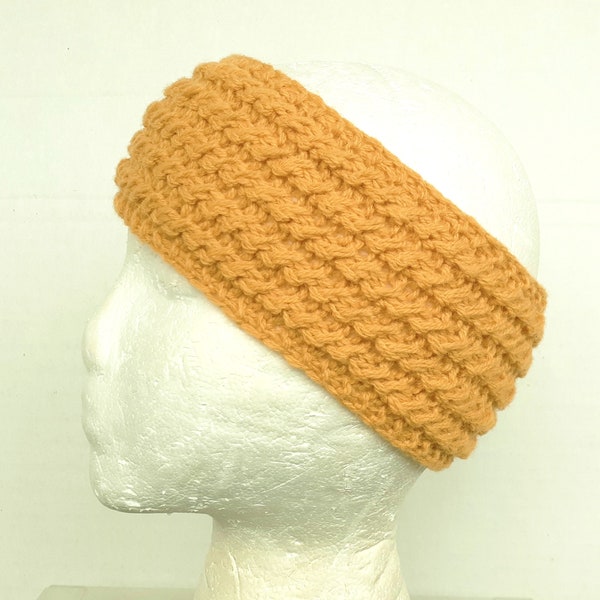 Knitted headband ear warmer wrap amber yellow wool women's cable