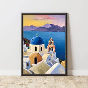 Santorini Greece Sunset Oil Painting | Vibrant Blue Dome Church & Aegean Sea View | Mediterranean Coastal Decor | Instant Download Printable
