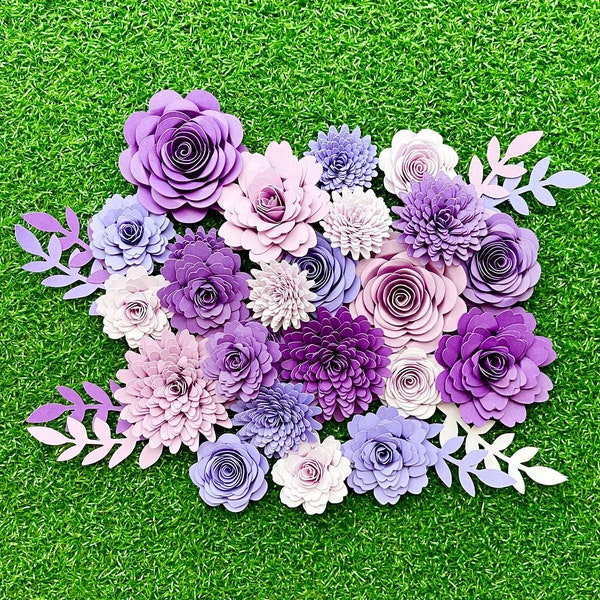 Assorted Purple Rolled Paper Flowers - 3 styles, Mix Sizes, 24pcs, loose paper flowers no stem, 1-inch wide up to 2inches wide flowers