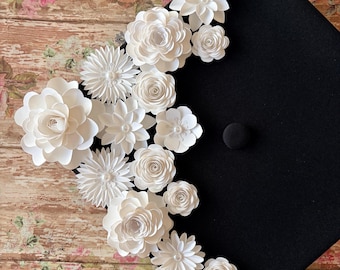 17 pieces 3D White Paper Flowers Graduation Cap Topper