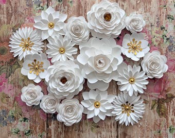 3D Embellishment White Paper Flowers Multi-Size approx. 1 to 3 inches wide 17 pieces
