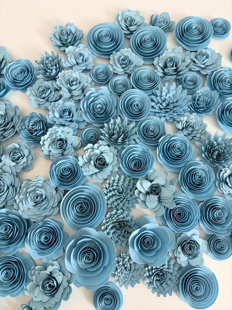 110 Pieces Light Blue Rolled Paper Flowers in Assorted Green Shades ...