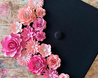 17 pieces Assorted Pink 3D Paper Flowers Graduation Cap Topper Embellishments, Multi-Size