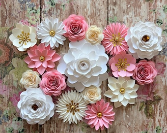 Multi Size 3D Embellishment Paper Flowers in Pink, Cream, and White