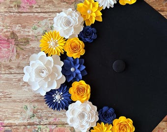 Graduation Cap Topper Paper Flowers, Yellow Navy White Multi-Size Embellishments