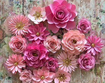 17 pieces Assorted Pink 3D Embellishment Paper Flowers, approx. 1 to 3 inches wide